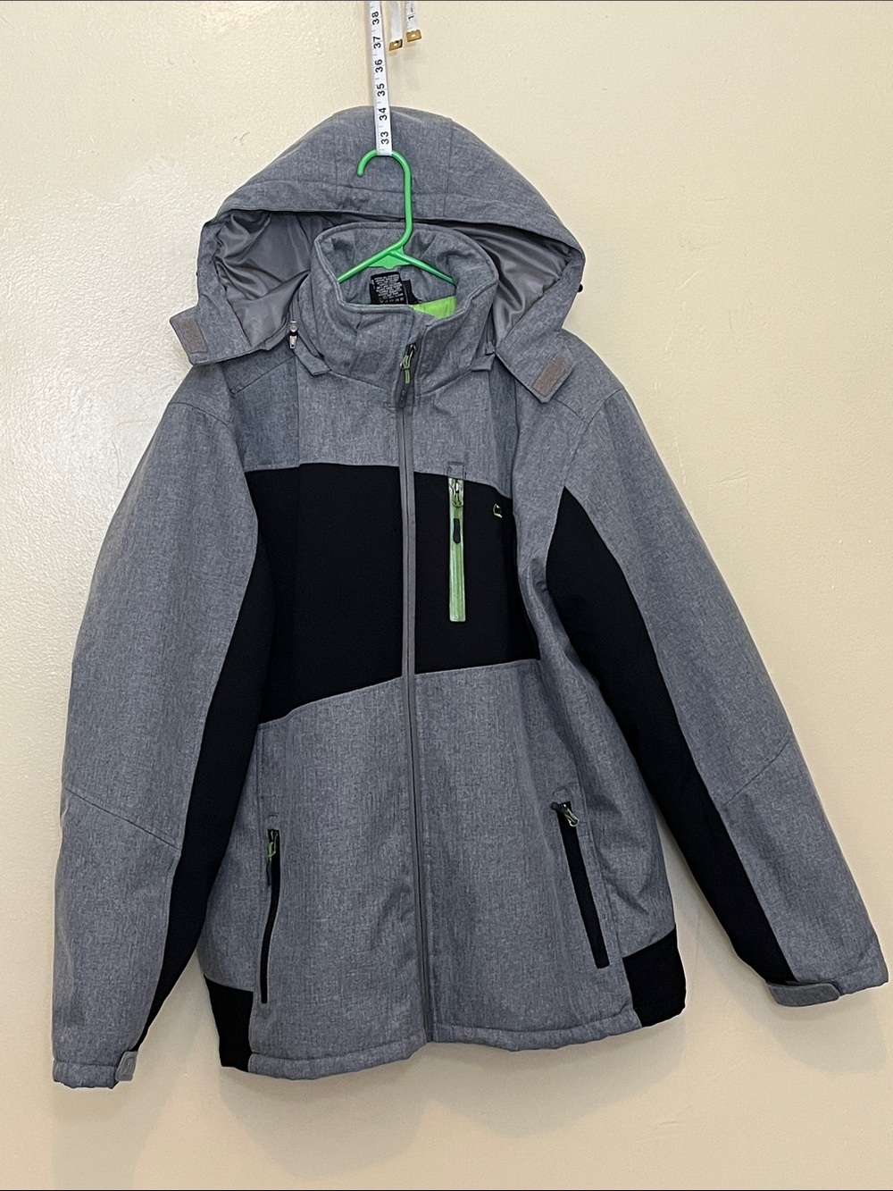 Mens Hooded Puffer Jacket in Grey with Black Panels and Lime Accents